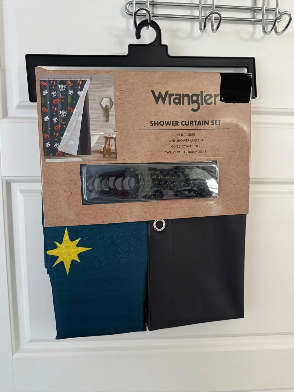 Wrangler Halloween Teal & Black Shower Curtain Set with Yellow Star Accent